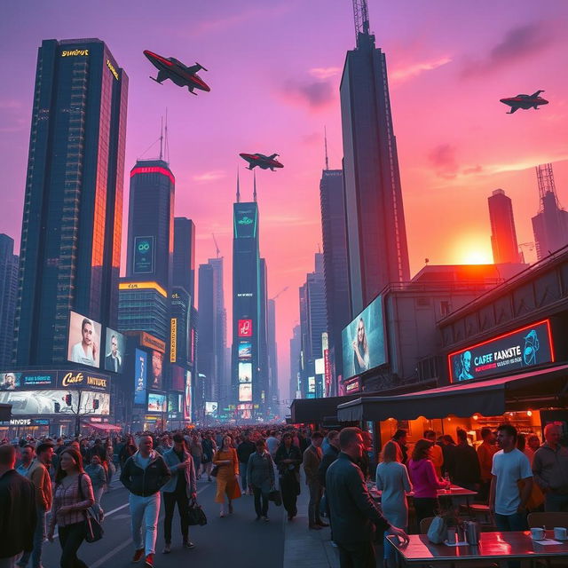 A futuristic cityscape at dusk, with towering skyscrapers illuminated by colorful neon lights