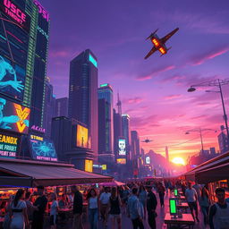 A futuristic cityscape at dusk, with towering skyscrapers illuminated by colorful neon lights