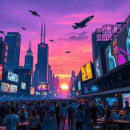 A futuristic cityscape at dusk, with towering skyscrapers illuminated by colorful neon lights