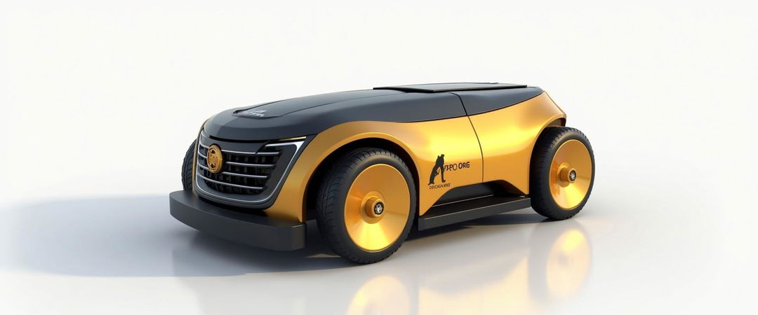 A 3D rendering of a golden and black robotic lawn mower, showcasing a sleek and modern design