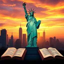 A stunning artistic interpretation of the Statue of Liberty standing tall amidst a city skyline at sunset