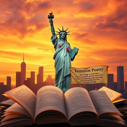 A stunning artistic interpretation of the Statue of Liberty standing tall amidst a city skyline at sunset