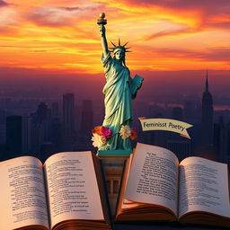 A stunning artistic interpretation of the Statue of Liberty standing tall amidst a city skyline at sunset