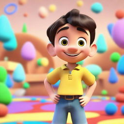 Generate a 3D cartoon-styled image of a young boy in a lively and colourful environment.