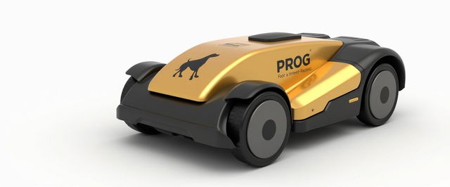 A 3D design of a golden and black robotic lawn mower