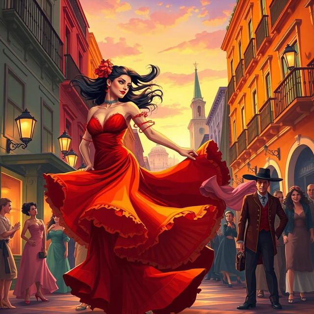 A beautifully illustrated scene from "Carmen" depicting the fiery passion and drama of the opera