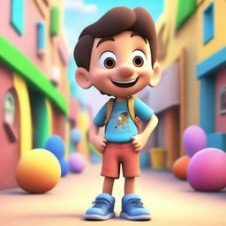 Generate a 3D cartoon-styled image of a young boy in a lively and colourful environment.