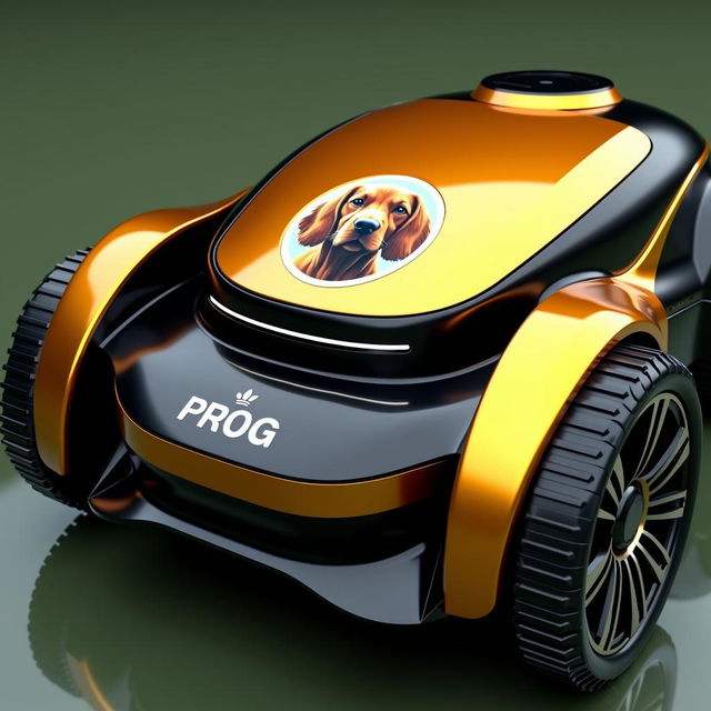 A sleek robotic lawn mower design featuring a striking combination of golden and black colors