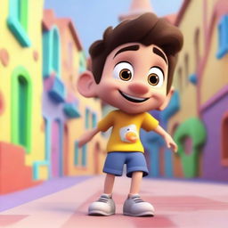 Generate a 3D cartoon-styled image of a young boy in a lively and colourful environment.