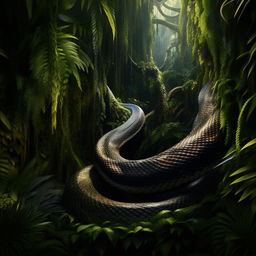 A visually stunning image of a giant snake weaving its way through a dense jungle, every scale and the fascinating colors of its skin remarkably rendered.