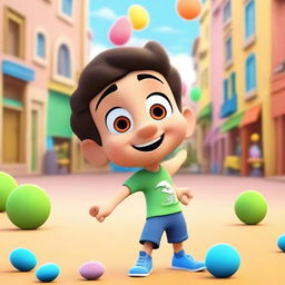 Generate a 3D cartoon-styled image of a young boy in a lively and colourful environment.