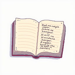 A pixel art illustration of an open notebook