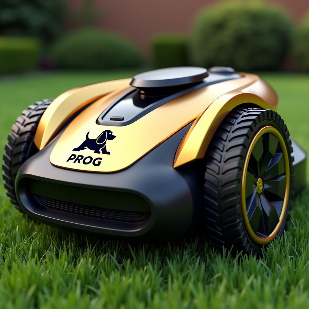 A sleek and modern robot lawn mower depicted in a striking combination of gold and black