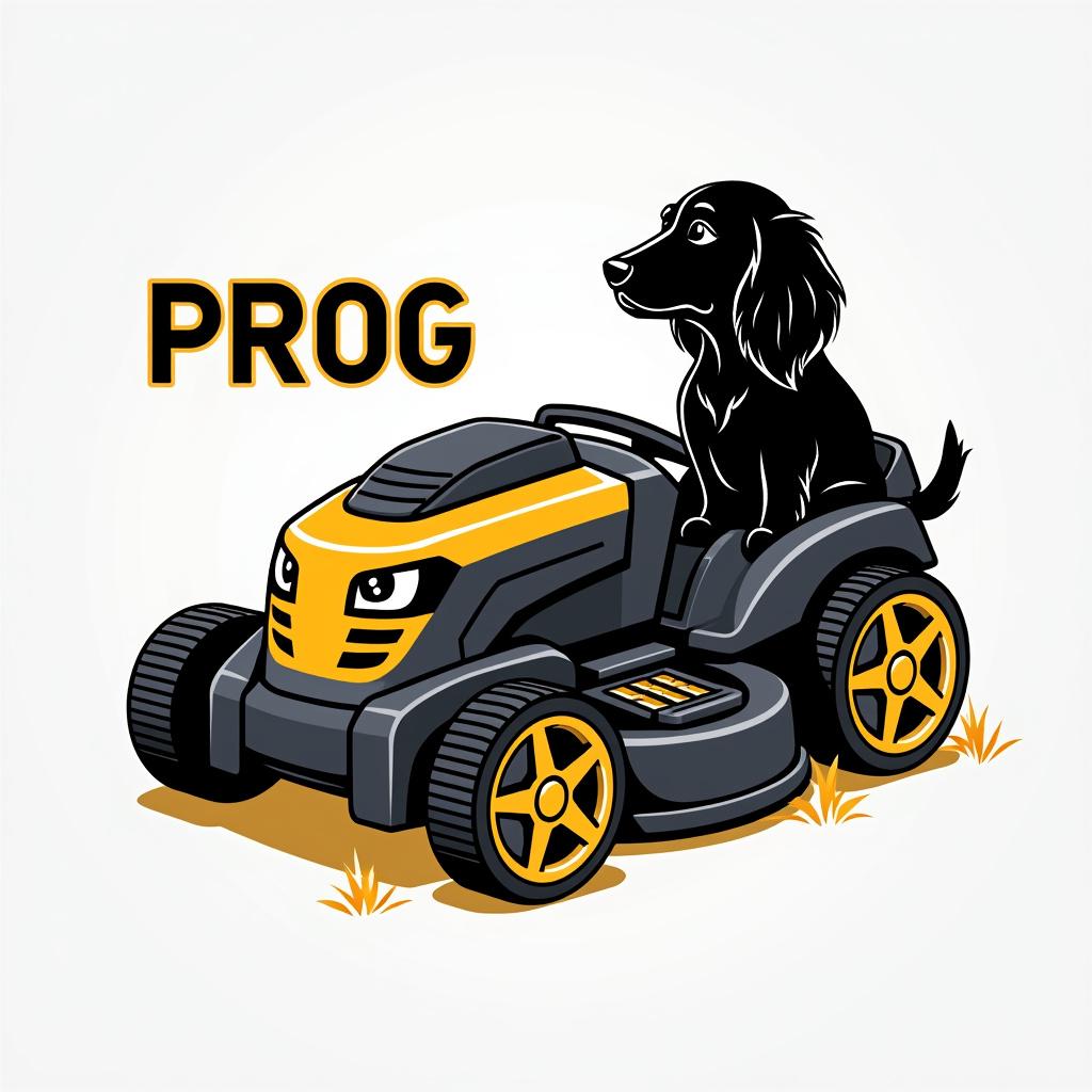 A logo design featuring a black and gold robotic lawn mower, showcasing its sleek and modern features