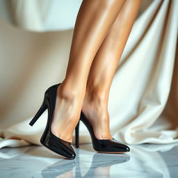 A stunning close-up of elegantly pedicured legs wearing stylish high heels, positioned gracefully against a soft, blurred background