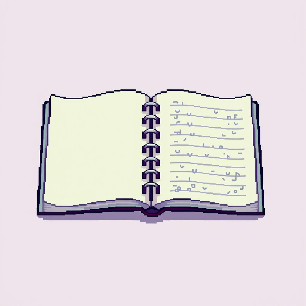 A pixel art depiction of an open notebook, showcasing its pages spread out