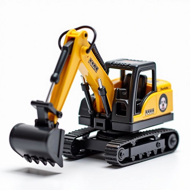 A stylish mini rotating black and gold excavator, prominently featuring the word 'PROG' and adorned with a logo of a charming Cocker Spaniel