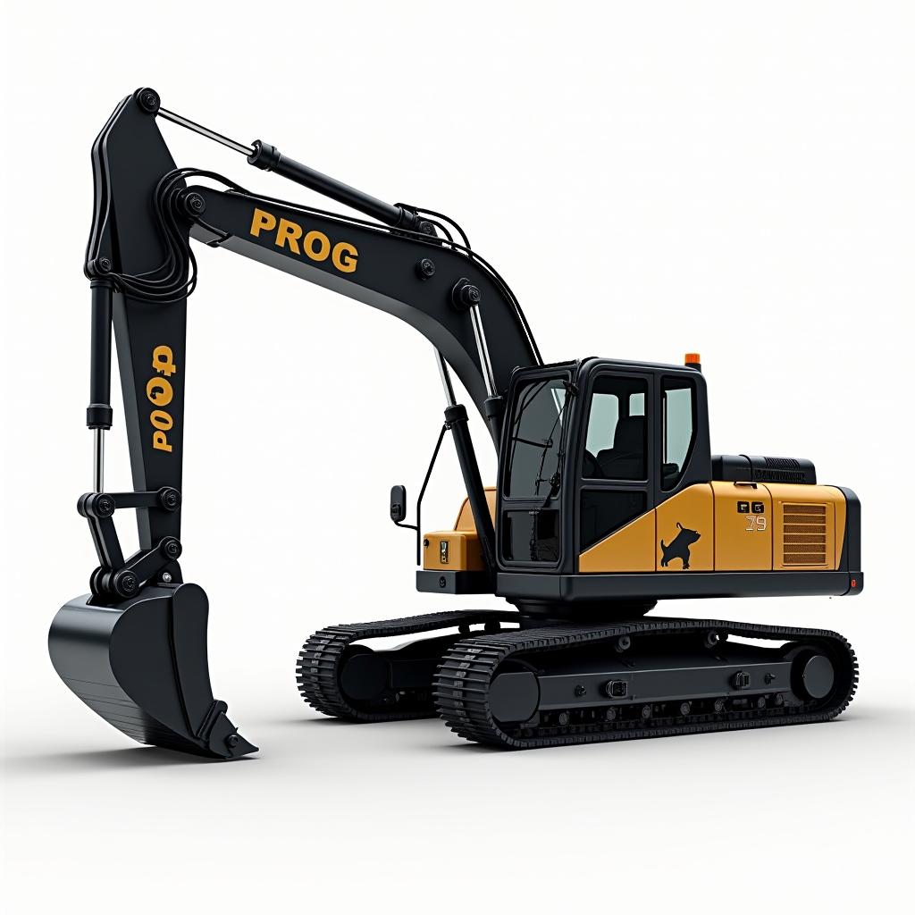 A sleek and modern rotary excavator designed in black and gold, prominently featuring the word 'PROG' on its side along with a logo of a Cocker Spaniel