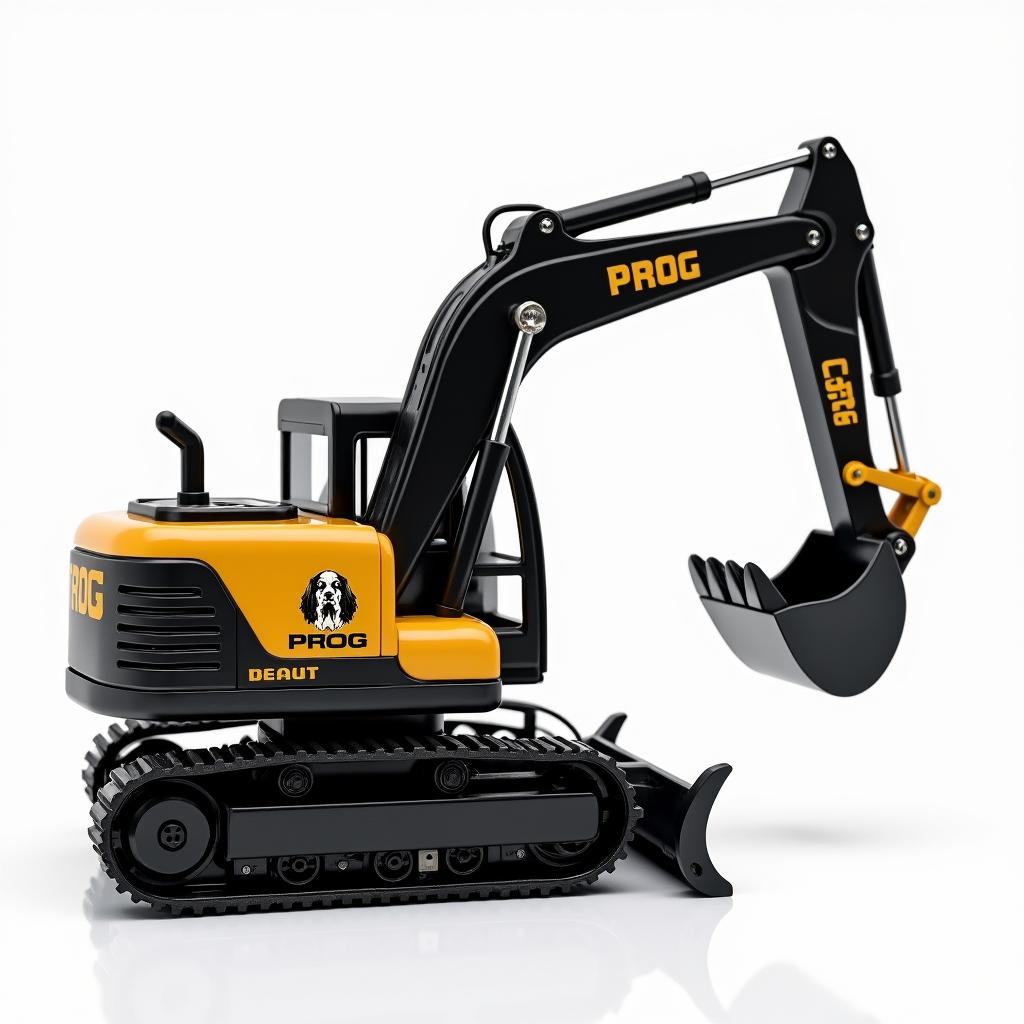 A mini rotating excavator designed in sleek black and gold colors, prominently displaying the word 'PROG' and featuring a logo of a Cocker Spaniel