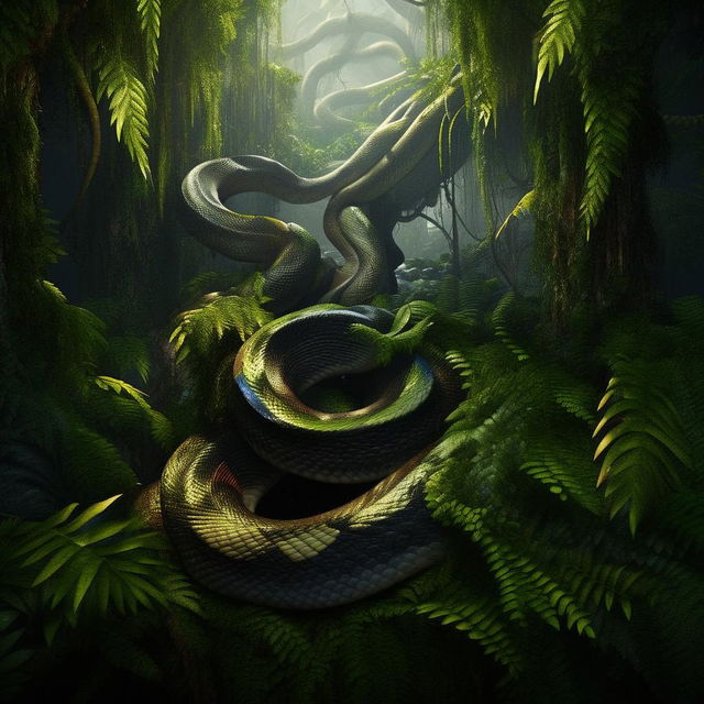 A visually stunning image of a giant snake weaving its way through a dense jungle, every scale and the fascinating colors of its skin remarkably rendered.