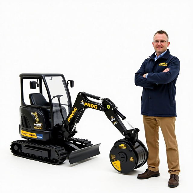 A mini black and gold rotary excavator featuring the word 'PROG' and a logo of a Cocker Spaniel