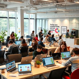 A bustling modern office place with employees working at desks, collaborative spaces with bright colors, large windows allowing natural light, indoor plants for a lively atmosphere, and a coffee station in the corner