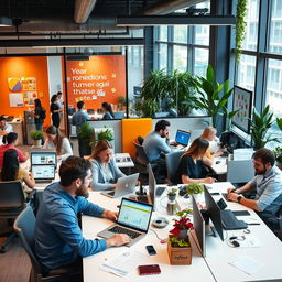 A bustling modern office place with employees working at desks, collaborative spaces with bright colors, large windows allowing natural light, indoor plants for a lively atmosphere, and a coffee station in the corner