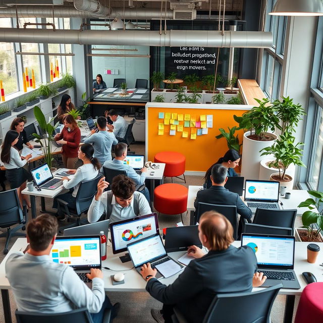 A bustling modern office place with employees working at desks, collaborative spaces with bright colors, large windows allowing natural light, indoor plants for a lively atmosphere, and a coffee station in the corner