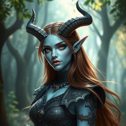 A beautiful pale blue tiefling character with striking features, wearing an intricate outfit that reflects a fantasy setting