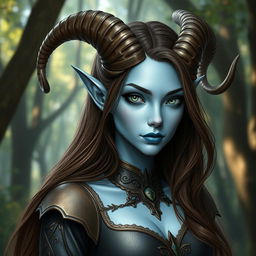 A beautiful pale blue tiefling character with striking features, wearing an intricate outfit that reflects a fantasy setting