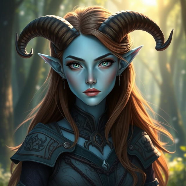 A beautiful pale blue tiefling character with striking features, wearing an intricate outfit that reflects a fantasy setting