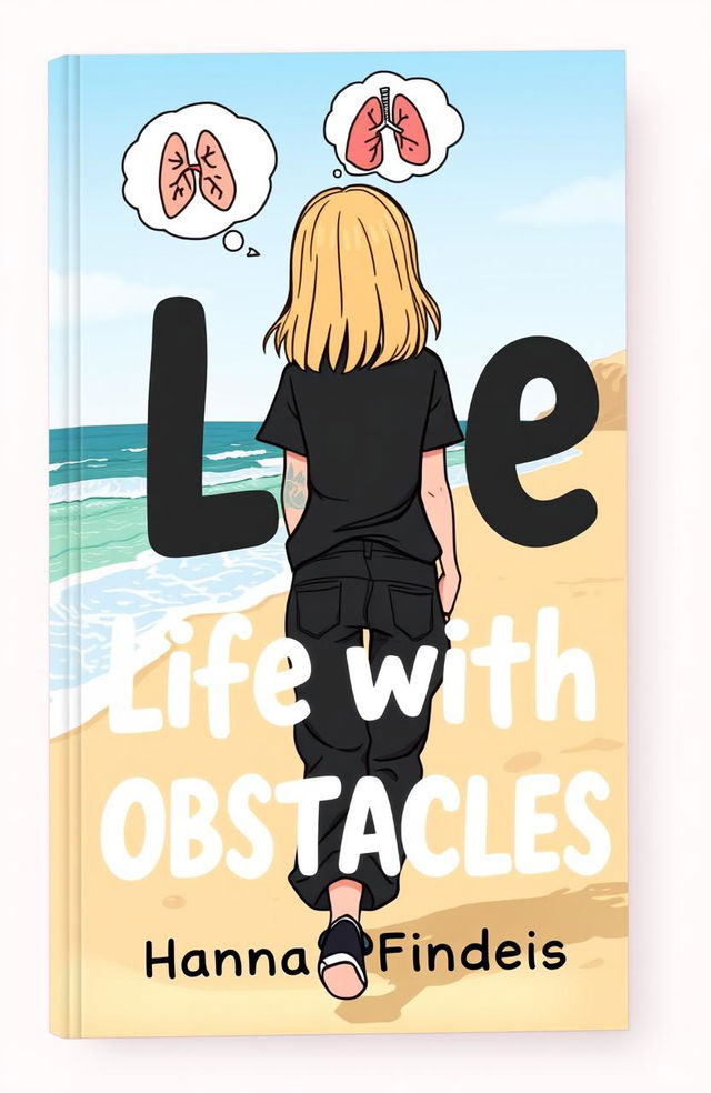 A cartoon-style book cover for 'Life with Obstacles' featuring a girl with shoulder-length blonde hair and blue-gray eyes seen from behind