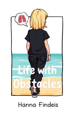 A cartoon-style book cover for 'Life with Obstacles' featuring a girl with shoulder-length blonde hair and blue-gray eyes seen from behind