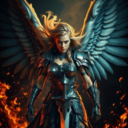 A fierce Valkyrie warrior with majestic wings, wearing intricate armor that reflects battle scars, her expression determined and powerful