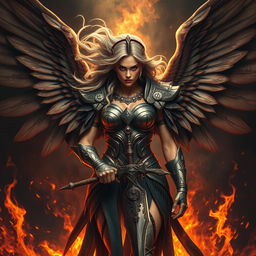 A fierce Valkyrie warrior with majestic wings, wearing intricate armor that reflects battle scars, her expression determined and powerful