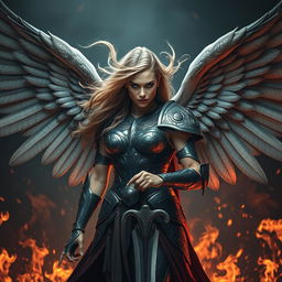 A fierce Valkyrie warrior with majestic wings, wearing intricate armor that reflects battle scars, her expression determined and powerful