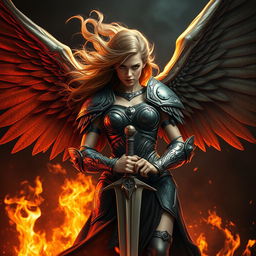 A fierce Valkyrie warrior with majestic wings, wearing intricate armor that reflects battle scars, her expression determined and powerful