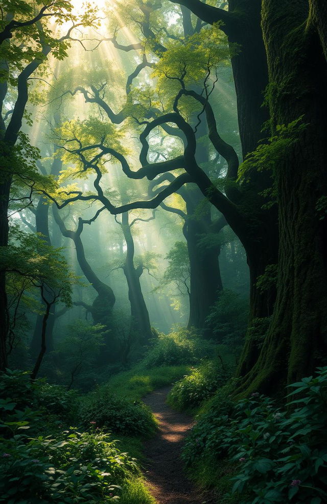 A mystical and enchanting forest filled with ancient trees, dense foliage, and a soft mist hovering above the ground