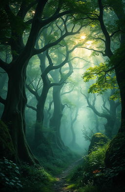 A mystical and enchanting forest filled with ancient trees, dense foliage, and a soft mist hovering above the ground