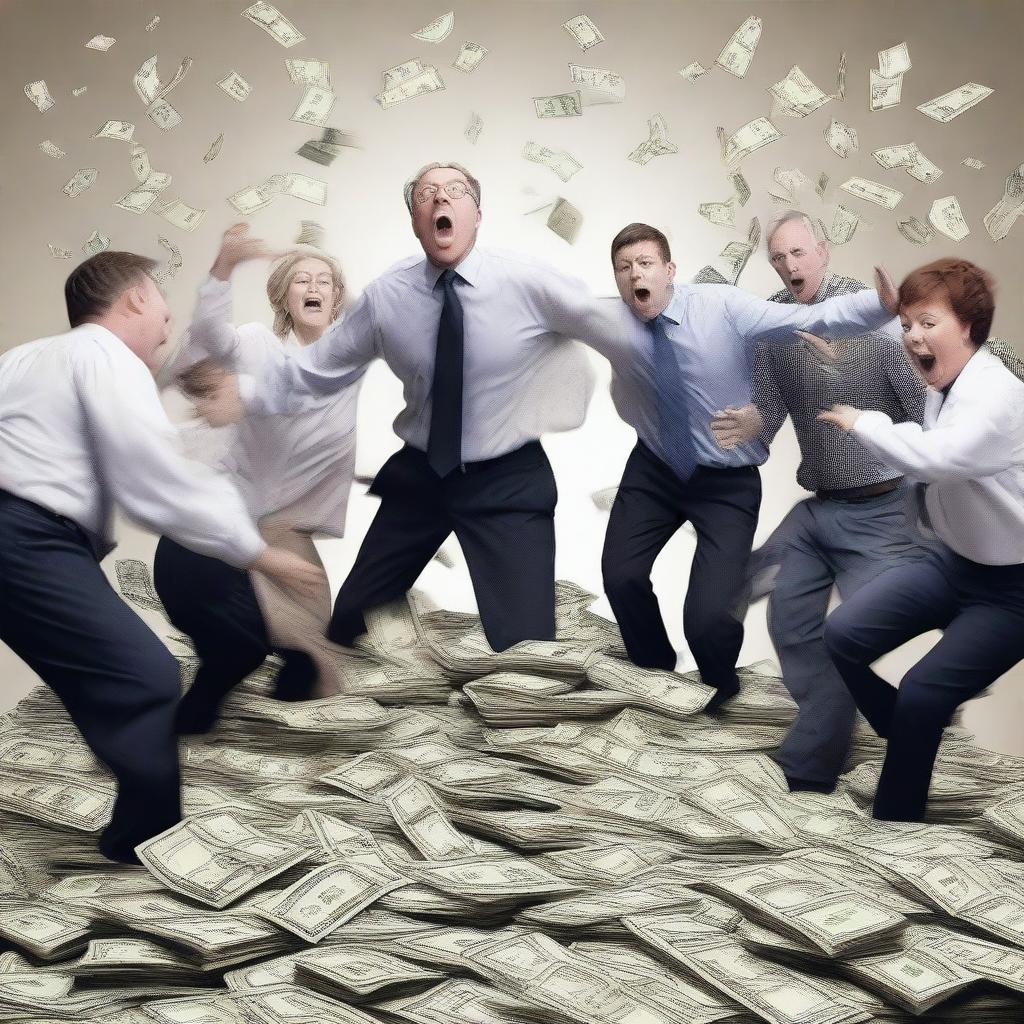 A dynamic image of people passionately struggling over a pile of money