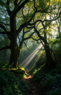 A mystical and enchanting forest filled with ancient trees, dense foliage, and a soft mist hovering above the ground