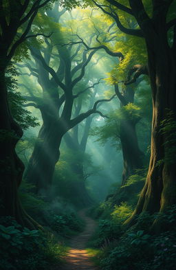 A mystical and enchanting forest filled with ancient trees, dense foliage, and a soft mist hovering above the ground
