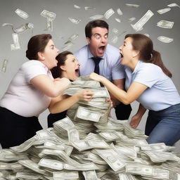 A dynamic image of people passionately struggling over a pile of money