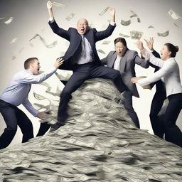 A dynamic image of people passionately struggling over a pile of money