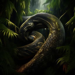 A visually stunning image of a giant snake weaving its way through a dense jungle, every scale and the fascinating colors of its skin remarkably rendered.