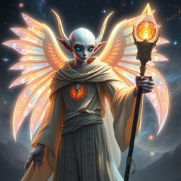 An ethereal angel alien sorcerer, with luminous, iridescent wings that shimmer with a spectrum of colors