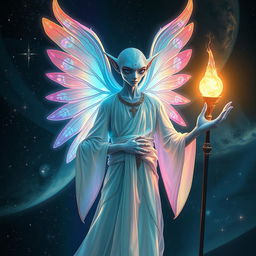 An ethereal angel alien sorcerer, with luminous, iridescent wings that shimmer with a spectrum of colors