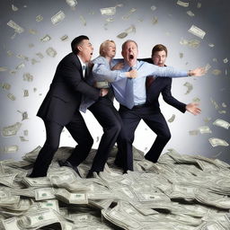 A dynamic image of people passionately struggling over a pile of money