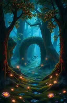 A mystical and enchanting forest, filled with vibrant colors and ethereal light