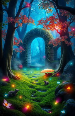 A mystical and enchanting forest, filled with vibrant colors and ethereal light